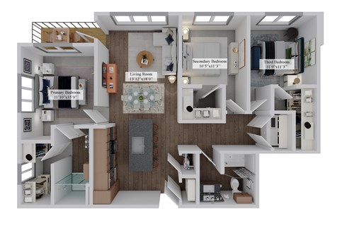Floor plan for 3 beds, 2 baths, 1357 sqft